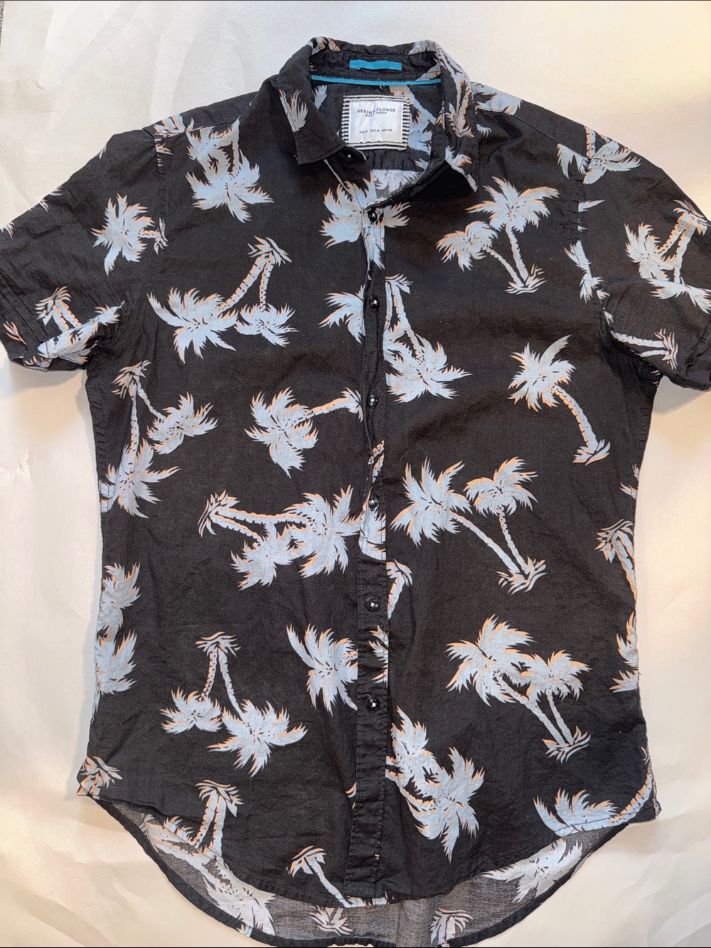 Denim & Flower Black Short-Sleeve Palm-Print Button Down Shirt